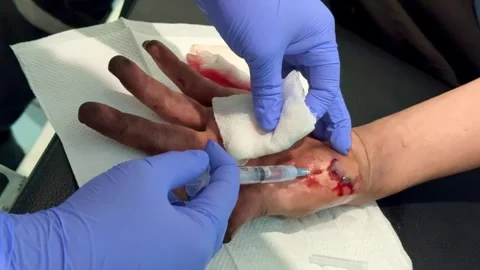 Nurse applying local anesthesia injection to an injured hand. Medical Stock Footage 346248125
