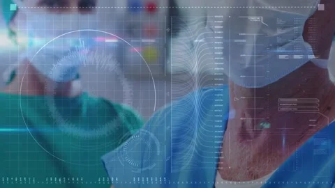 Nurse approaching left, checking arm patch on patient for care, HUD pulsing, Stock Footage 334182797
