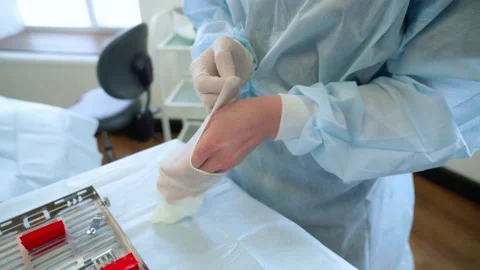 The nurse on the background table with surgical instruments puts on medical glov 库存影片 191899289