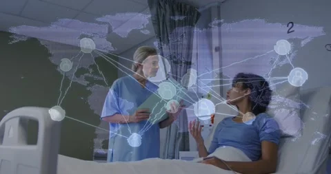 Nurse with clipboard reading medical notes, patient raising red device, map Stock Footage 332289183