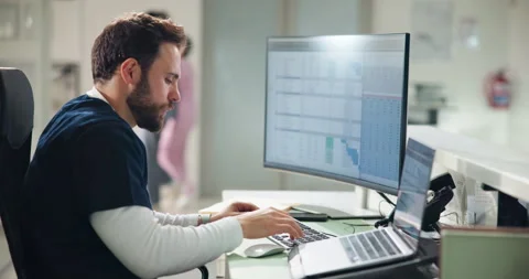 Nurse, computer and screen with typing in hospital for patient database, digital Stock Footage 311077198