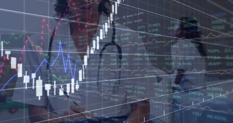 Nurse documenting care while frames moving animating candlestick charts with Video stock 332285963