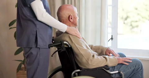 Nurse, elderly and comfort with window in wheelchair for assisted living or Stock Footage 340635944