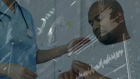 Nurse entering bedside, checking patient wrist and shoulder, medical HUD guiding Stock Footage 329751573