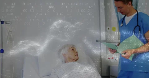 Nurse entering room while reading medical chart and showing binary code overlay Stock Footage 311126040