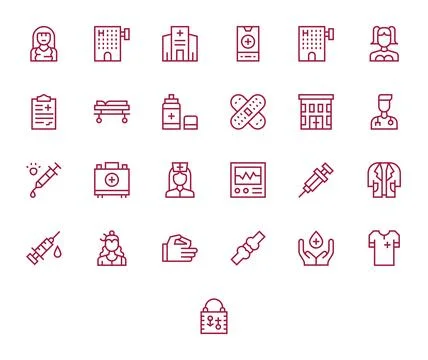 Nurse Essential Vector Set including 25 Detail Enhanced Regular Line Retina.. Stock Illustration