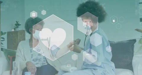 Nurse fitting BP cuff on senior measuring BP with stethoscope hex health icons Stock Footage 328656067
