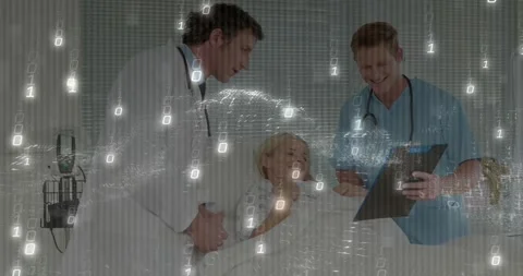 Nurse flipping chart sending binary stream while doctor consulting patient Stock Footage 319682147
