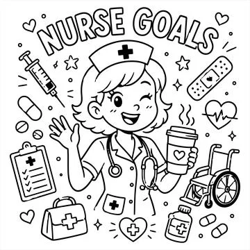 Nurse Goals Coloring Page Featuring a Cheerful Medical Professional Illustrazione stock