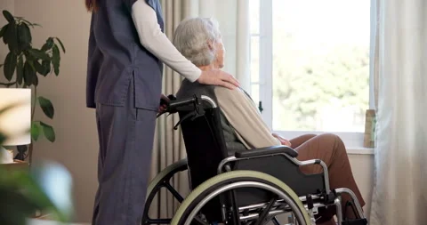 Nurse, hand and support for old woman in wheelchair, assisted living and comfort Stock Footage 340634889