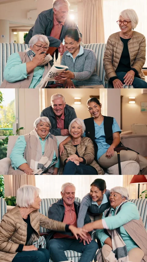 Nurse, hands together and face with old people on sofa for bonding, support or Stock Footage 341482723