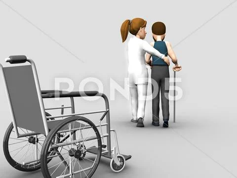 Nurse helps a senior woman on crutches Stock Illustration