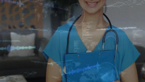 Nurse holding clipboard camera pulling back data overlays showing stethoscope Stock Footage 330003834
