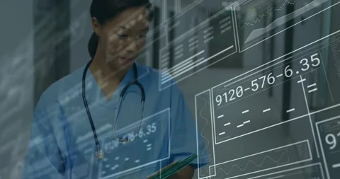 Nurse holding folder flipping and tapping pages HUD updating medical data Stock Footage 330895032