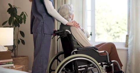 Nurse, holding hands and support for old woman in wheelchair, elderly care and Stock Footage 340633705
