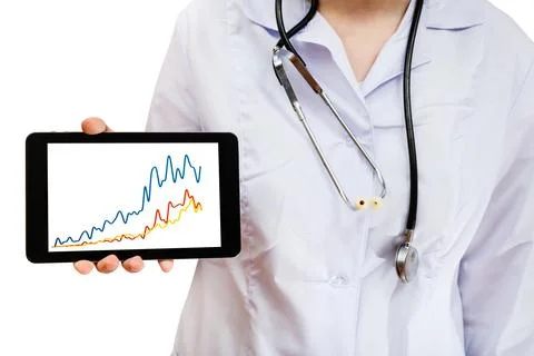 Nurse holds tablet pc with chart picture Stock Photos