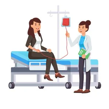 Nurse in the lab coat is checking the blood bag of a female donor Stock Illustration