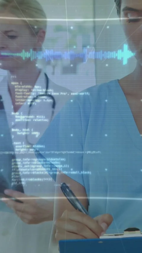 Nurse noting on chart while doctor tapping tablet HUD growing between them Stock Footage 331383223