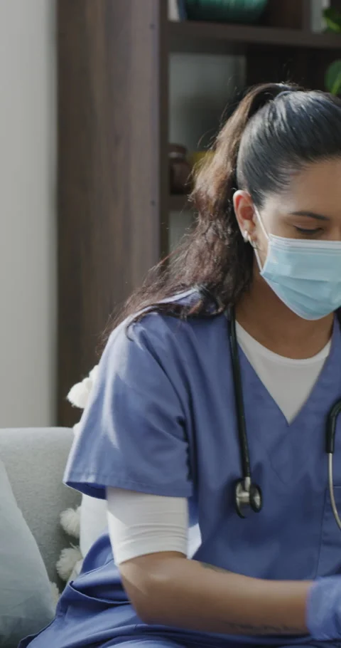 Nurse, old man and injection on sofa in home with booster for immune system Stock Footage 335112703