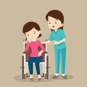 Nurse or volunteer worker taking care of sick woman sitting on wheelchair Stock Illustration