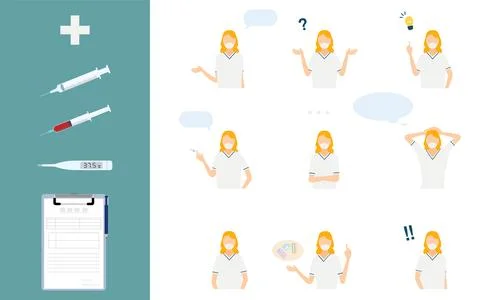 Nurse pose set, 9 poses, upper body Illustrazione stock