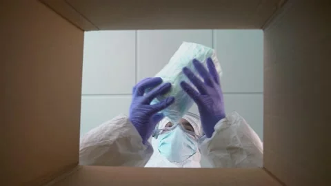 A nurse in a PPE is putting masks packets into a box. View from inside. Covid 19 Stock Footage 144136057