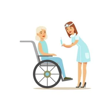 Nurse Preparing Injection For Old Lady In Wheelchair, Hospital And Healthcare Stock Illustration
