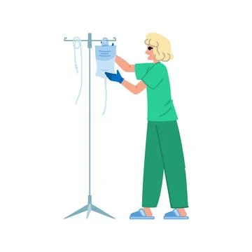 Nurse preparing saline solution bag for intravenous infusion therapy Stock-Illustration