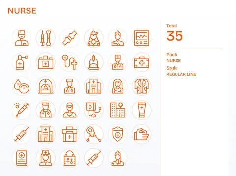 Nurse Professional Vector Set with 35 Regular Line Pixel Optimized High Res.. Stock Illustration
