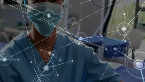 Nurse receiving watch alert from node animated flows moving to dashboard merging Video stock 330161038