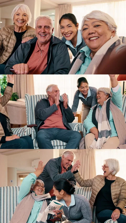 Nurse, relax and face with old people on sofa for bonding, support or nursing Stock Footage 341483278