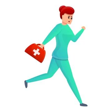 Nurse running with first aid kit icon, cartoon style Illustrazione stock