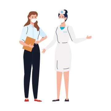 Nurse with secretary worker using face mask during covid 19 on white background イラスト素材