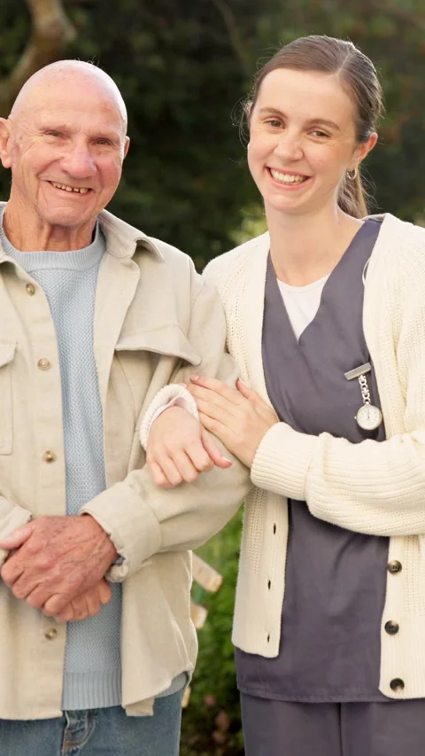 Nurse, smile and help with face of old man outdoor for medical advisor, support Stock-Footage 340969258