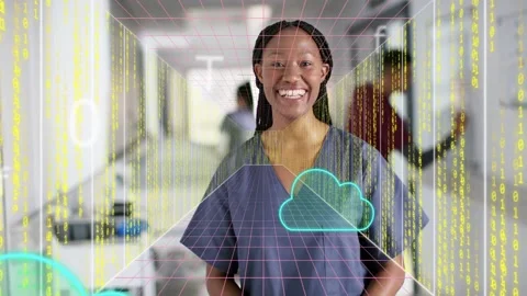 Nurse smiling, camera focusing, grid code and cloud icons moving across subject Stock Footage 333145227