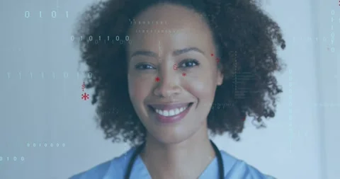 Nurse smiling during closing credits while binary digits and C++ code overlaying Stock Footage 330209359