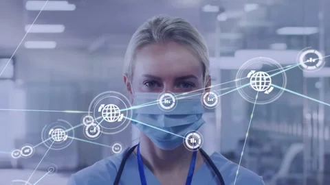 Nurse standing in ward, central node overlay expanding outward, crossing face, Stock Footage 334036775
