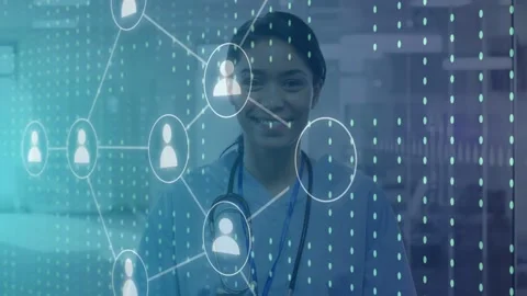 Nurse standing in ward, overlay activating, holo nodes expanding over badge, Stock Footage 333575266