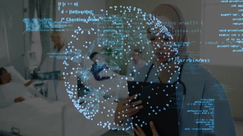 Nurse swiping tablet activating rotating globe with code fading in hospital ward Stock Footage 311699039