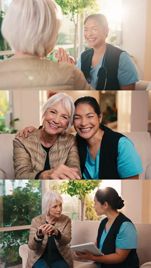 Nurse, tablet and face with old woman on sofa for medical advice, support and Stock Footage 341482910