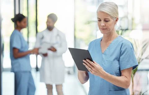 Nurse, tablet and hospital, health and woman check patient information Stock Photos