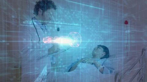 Nurse taking notes activating medical hologram key, pulsing, sending scan beam Stock Footage 329812696