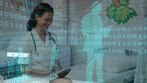 Nurse tapping tablet and reviewing records, cyan overlay and holographic Stock Footage 333963353