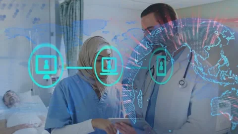 Nurse tapping tablet doctor pointing starting map pulsing network icons showing Video stock 317660264