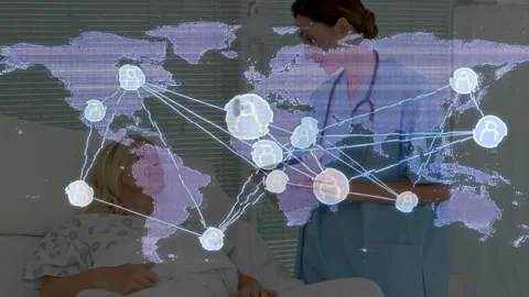 Nurse tapping tablet explaining health; patient responding as pulsing network Stock Footage 330463061