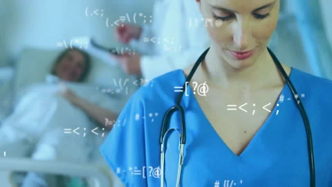 Nurse tapping tablet at hospital bedside and generating medical code stream for Stock Footage 312759165