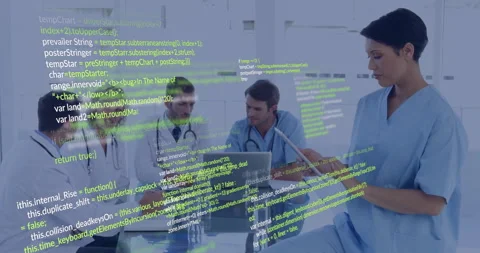 Nurse tapping tablet initiating code overlay while medical team meeting Stock Footage 310430642