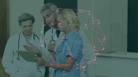 Nurse tapping tablet, MDs leaning in reviewing, dim network overlay hovering in Stock Footage 330602718