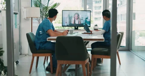 Nurse, team and screen with virtual meeting in hospital boardroom for medical Stock Footage 306250630