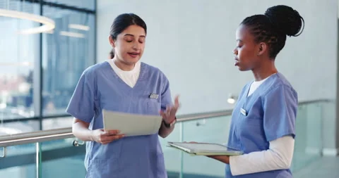 Nurse team, folder and discussion with stress for wrong patient info, medical Video stock 321860395